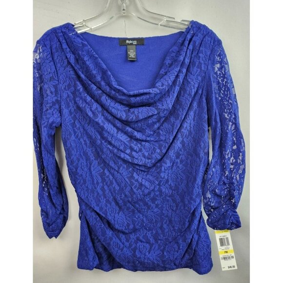 Style & Co Bright Sapphire Lace Draped Neck Ruched Nylon NEW Top Size PM - Picture 1 of 7